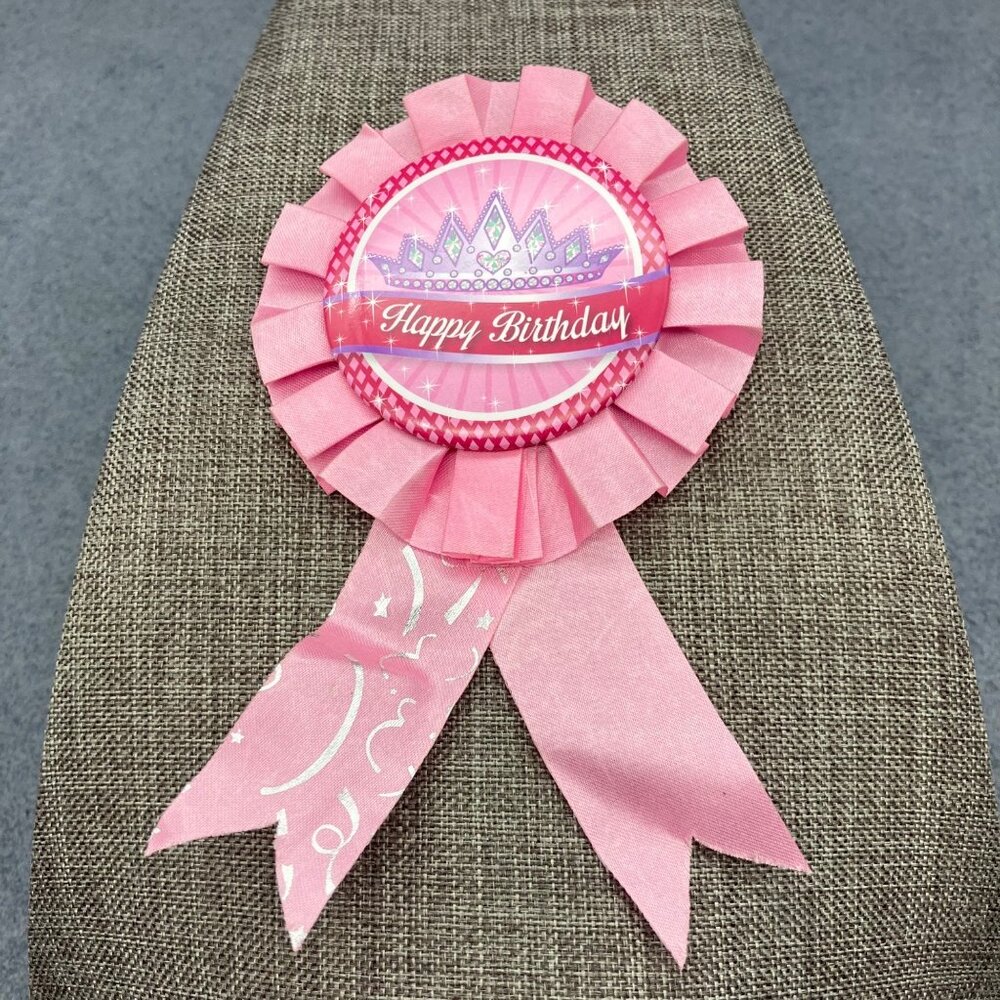 Pink Happy Birthday Award Ribbon 6 In Purple Crown Princess Badge Girls Womens